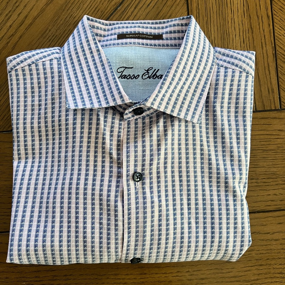 Tasso Elba Blue White Plaid Button Up Long Sleeve Shirt 16 16.5 Lightweight